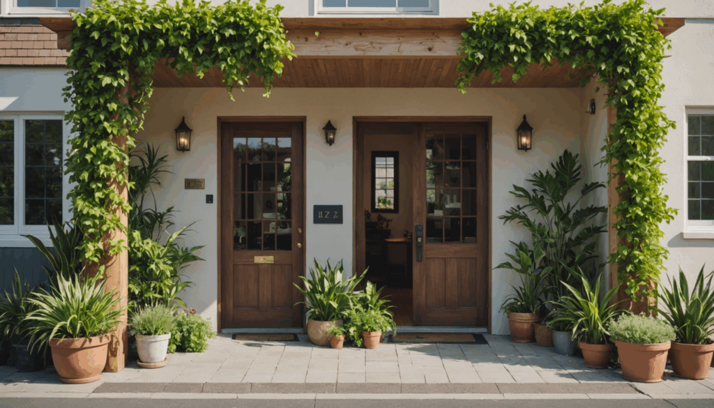 清潔で welcoming な玄関の写真。植物を取り入れ、悪いものを避けた運気を高めるアイテムが置かれている様子。