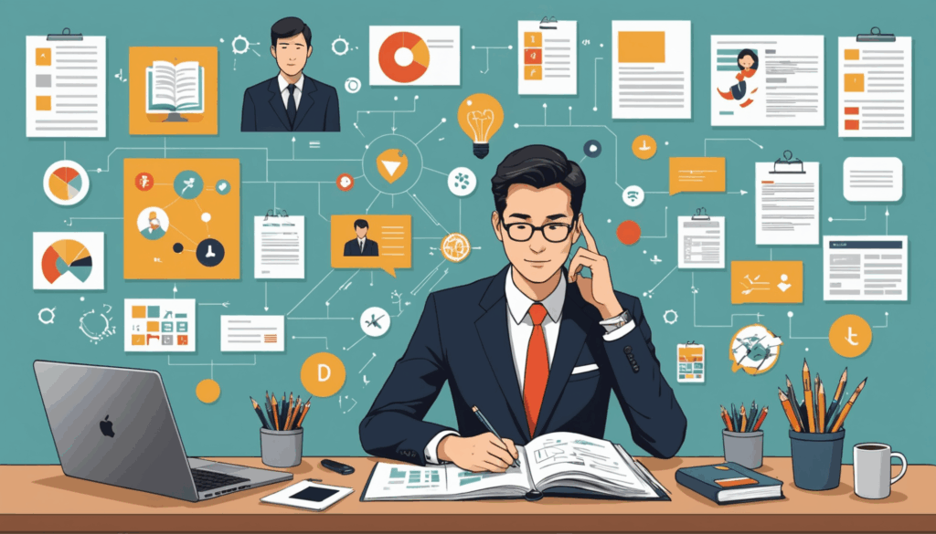 起業家に向いていない人の特徴を表現したイラストで、外部への強い責任転嫁や、財務管理の不備、決断力の欠如、ネガティブ思考、作業への集中力不足が描かれている。