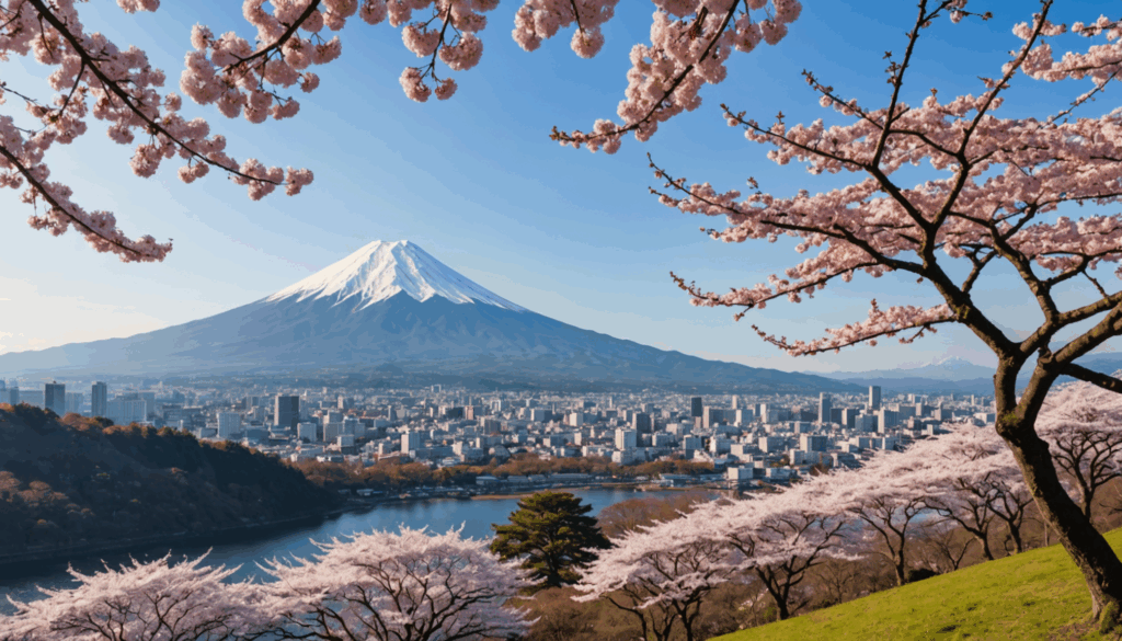 新倉山浅間公園から見た富士山の絶景。春の桜と秋の紅葉が美しい自然の風景を彩っている様子。