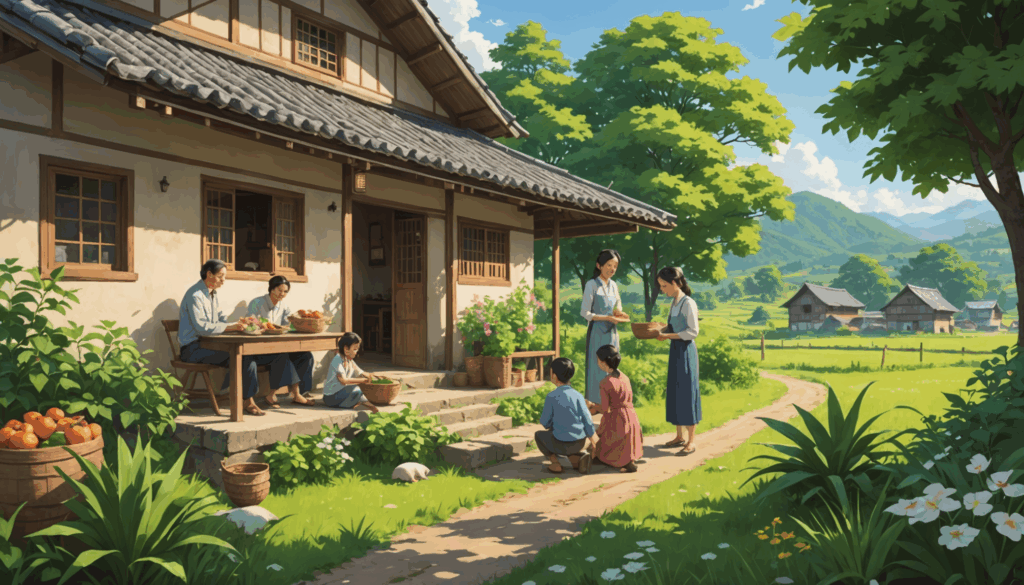 家族が自然体験を楽しみながらキャンプとバーベキューをしている様子。緑豊かな環境の中、絆を深めるアクティビティを満喫している。