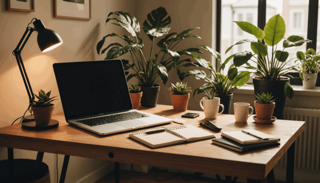 おしゃれな家計簿とペン、ノートパソコンが置かれた木製デスクのある居心地の良いホームオフィスの写真。温かい照明と観葉植物に囲まれ、家計管理の雰囲気が漂う。