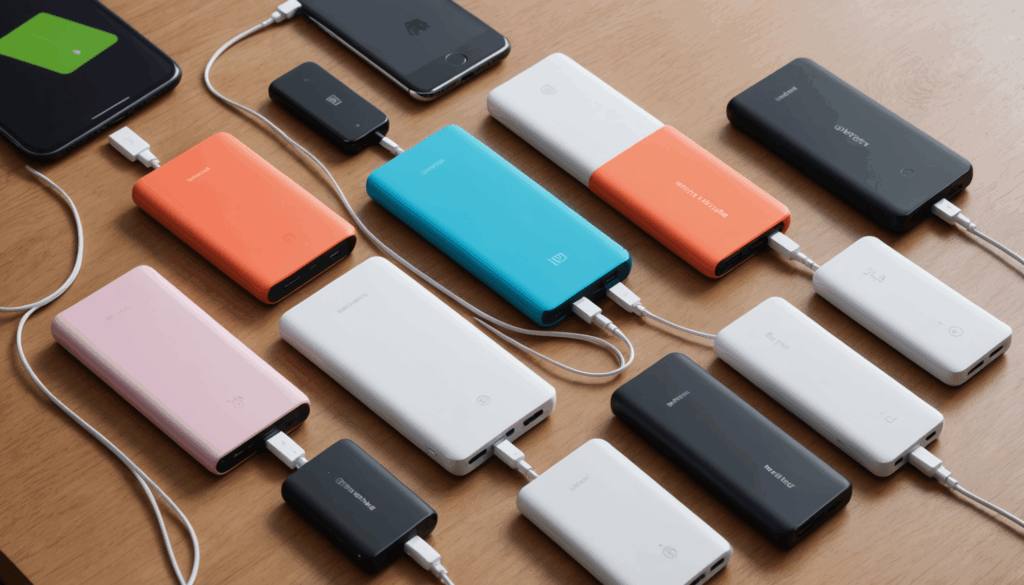 軽量なモバイルバッテリーの写真。コンパクトなサイズと現代的なデザインが特徴で、クリーンな背景に並んでいる様子