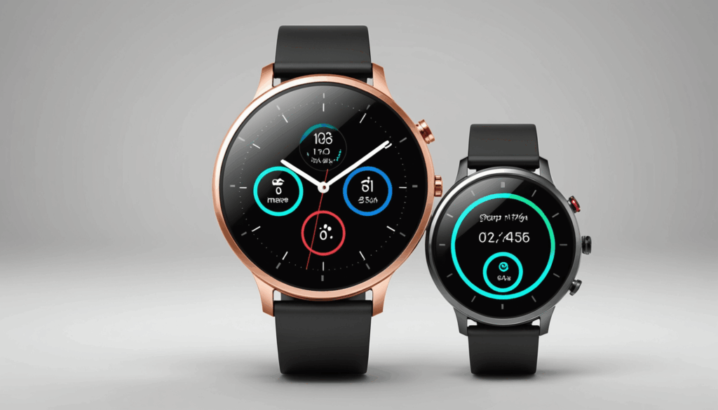 スリムなデザインのスマートウォッチが屋外で展示されており、通話機能や健康管理などの多機能性が強調されています。