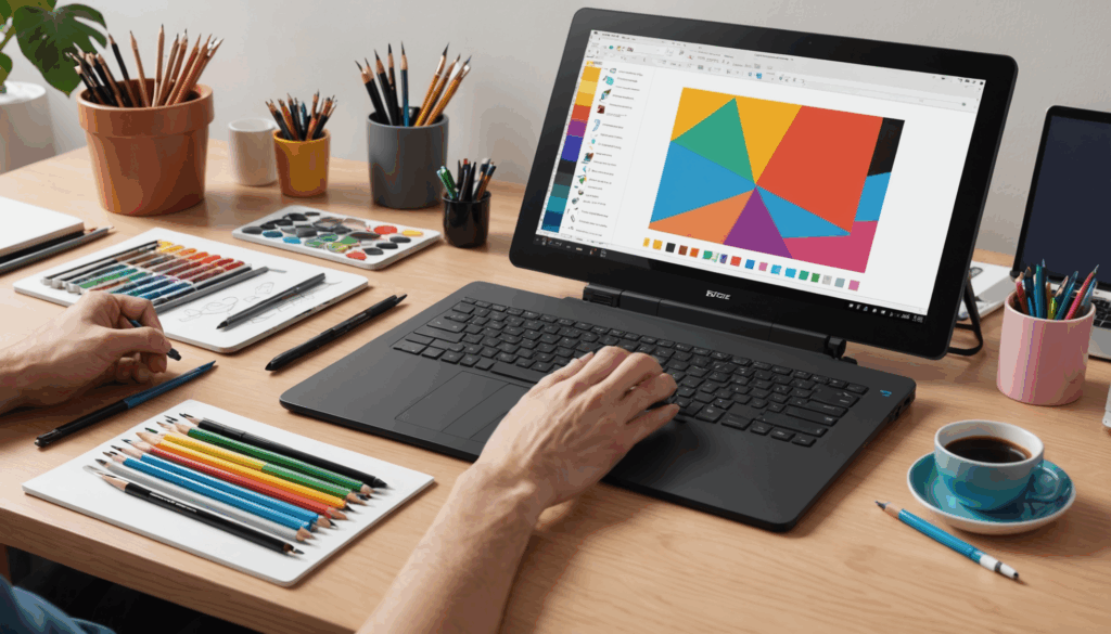 初心者向けのペンタブレットのセットアップ画像。デジタルイラストを楽しむためのタブレットやスタイラス、カラフルな画材が揃ったアーティストの作業スペース。