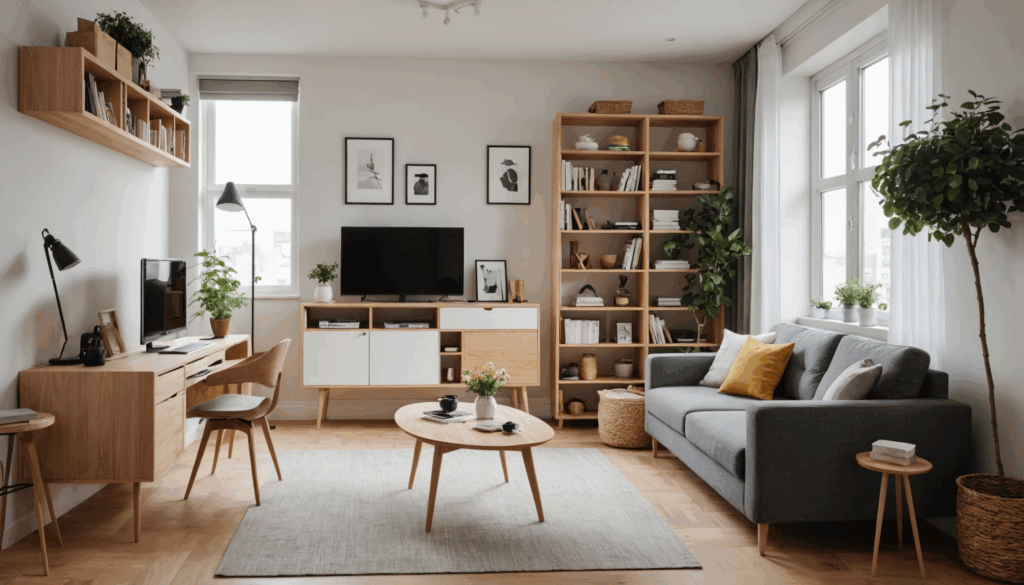 おしゃれでコンパクトな一人暮らし向けの家具配置。収納を重視した、落ち着いた色合いのインテリアが特徴の生活空間。