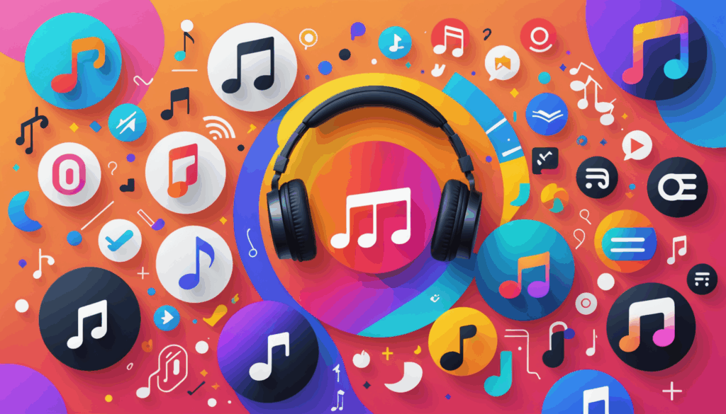 音楽サブスクを象徴するカラフルな画像で、音楽ノートやヘッドフォン、デジタルデバイスが描かれ、Apple MusicやSpotifyなどの人気サービスを表現しています。