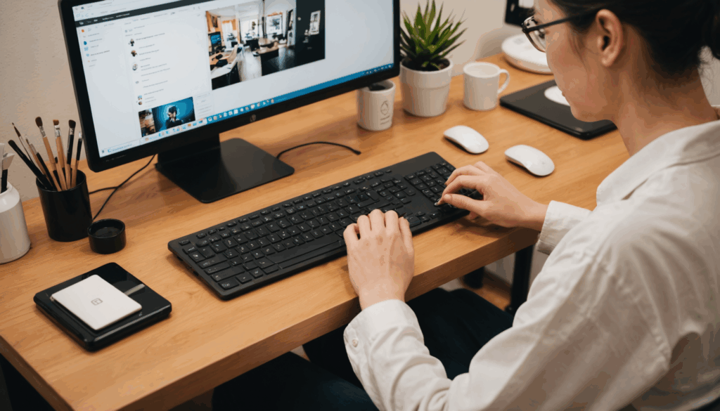 "1. 自宅の快適なオフィスで動画編集をしている様子。起業や副業に役立つスキルを磨く場面です。 2. 温かみのある環境で、クライアントのネイルを施しているフレンドリーなネイルアーティストの写真。業種としておすすめのサービスです。 3. 手作りのクラフトや道具が揃ったクリエイティブな作業スペース。自宅での起業や副業に最適な環境です。 4. リラックスした自宅の雰囲気で、ノートパソコンを使ってオンライン調査を行っている様子。副業としての収入を得る方法の一例です。 5. コンピュータ画面を見ながらスキルをオンラインで教えている個人の写真。起業や新しい事業を始めるための重要なステップです