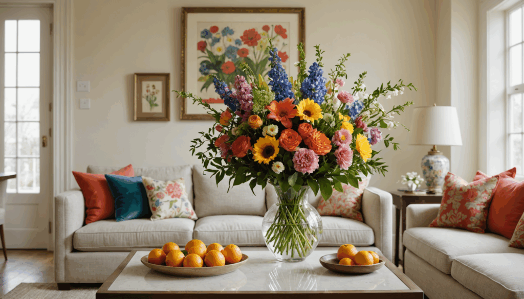 明るいリビングルームに季節の花が美しくアレンジされている写真。生活を彩るサブスクの定期便でおすすめの花々が並んでいます。
