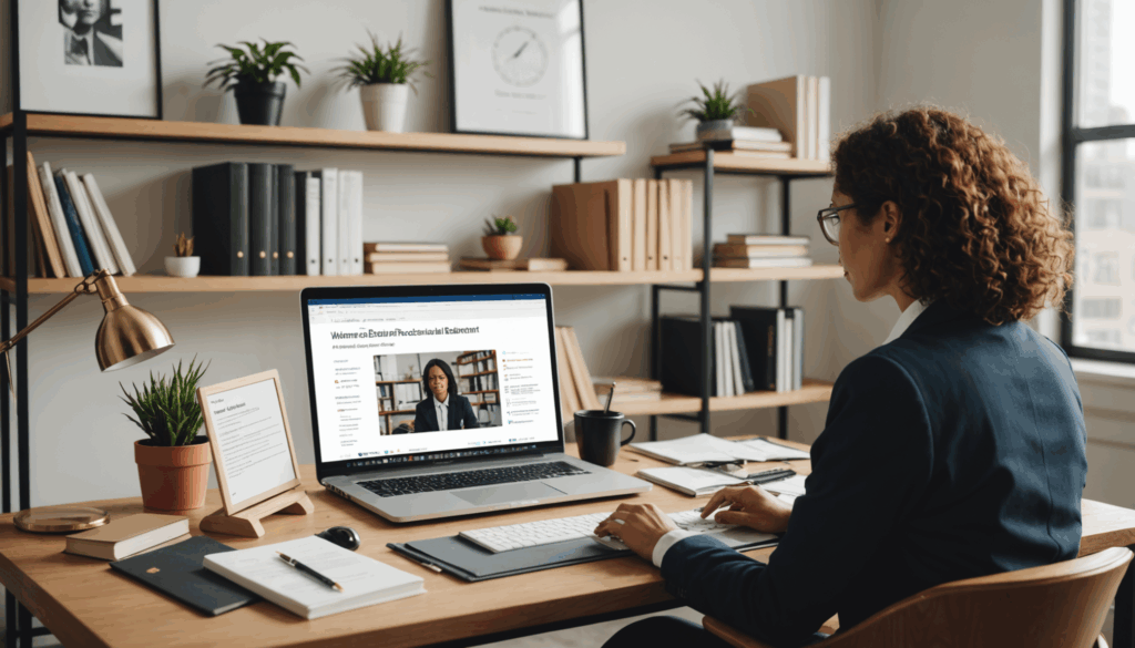 現代的なオフィスで、キャリアアップを目指す女性が本やノートパソコンを使いながらキャリアラダーに向かう様子を描いた画像。