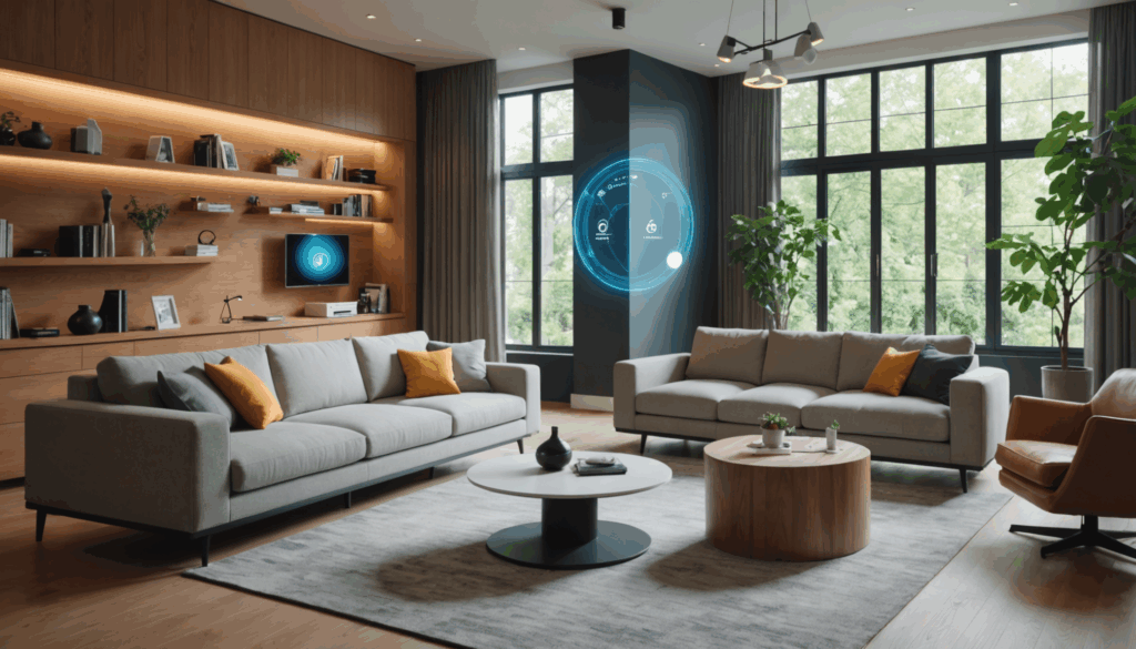 近未来のスマートホームにおけるガジェットの写真。AI技術を活用したARグラスやウェアラブルデバイスが並び、革新と持続可能性を感じさせる明るい雰囲気