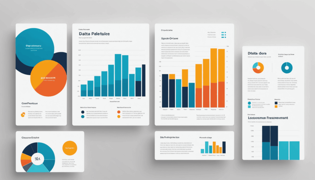 シンプルで見やすいスライドのデザイン案。クリーンなラインと最小限の色使いで、情報を伝えるためのグラフやチャートが配置されている。