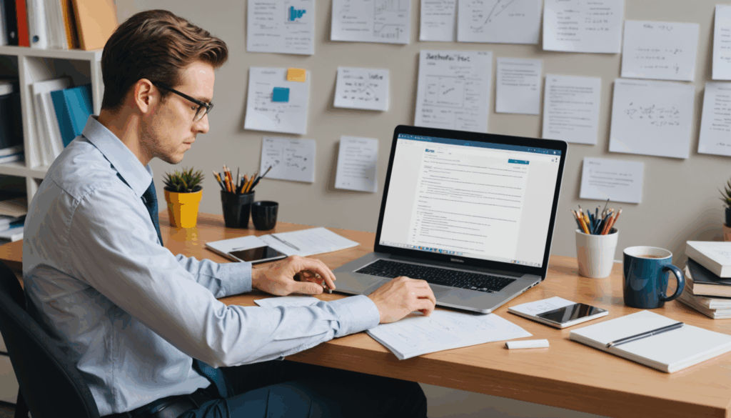 若いプロフェッショナルがノートやキャリア関連の資料に囲まれ、落ち着いた環境で転職の機会を分析している様子を描いた写真。