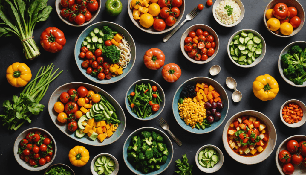 新鮮な季節の野菜や果物が並ぶ明るいキッチンの写真。料理を通じて家事の楽しさと幸せを感じる様子が伝わる。