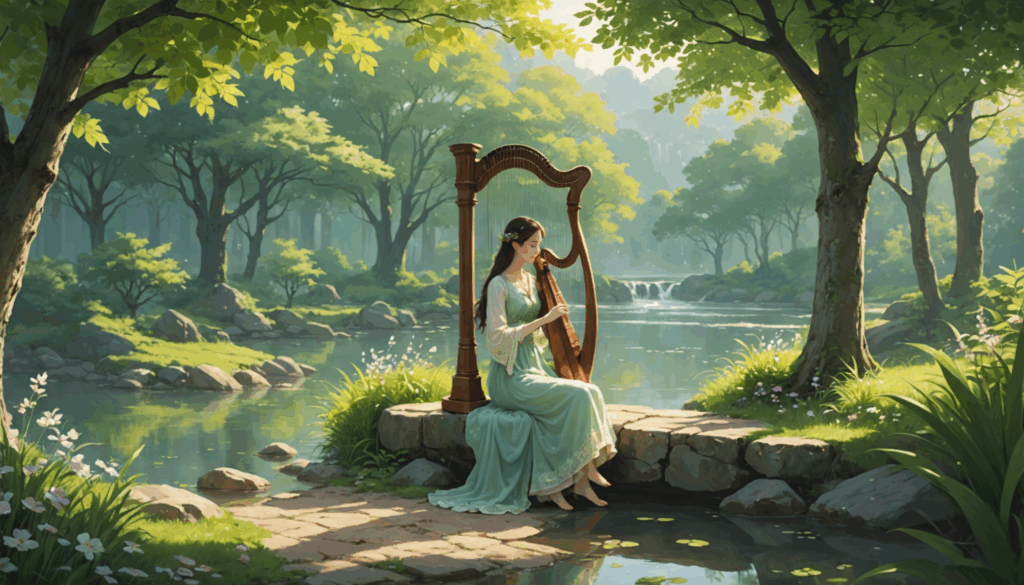 穏やかな音楽とハープやフルートの楽器が自然に囲まれた平和な環境で演奏されている様子。心身のヒーリングや癒しを促すリラックスした雰囲気が漂っています。