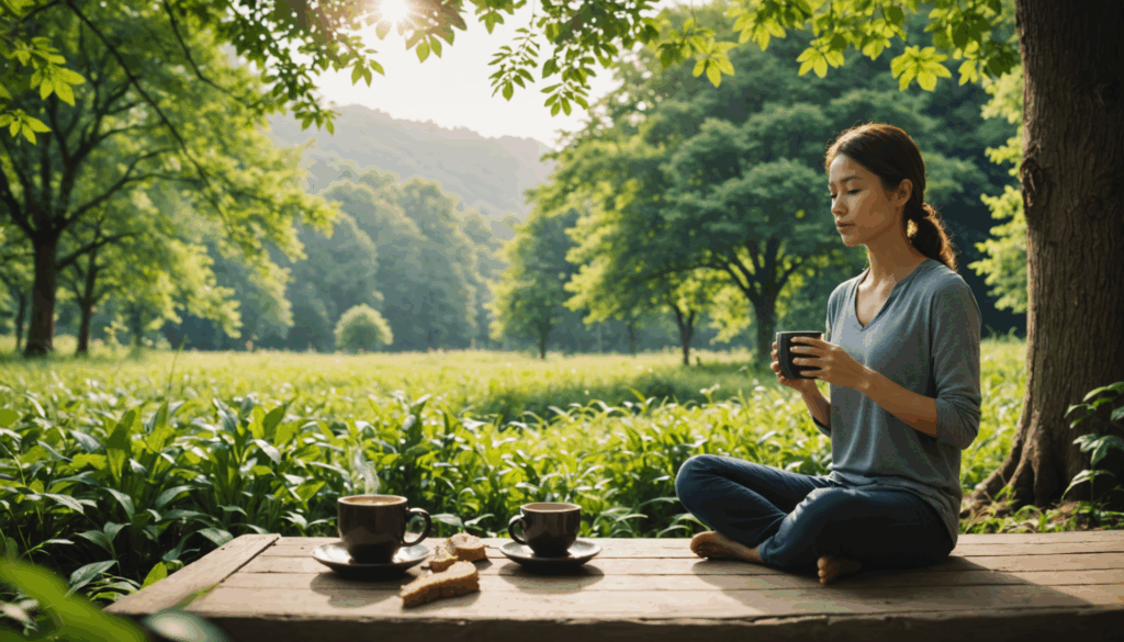 マインドフルネスを実践する日常の一コマ。穏やかなコーヒータイムや、心を落ち着けるボディスキャン、鮮やかな食材を使ったマインドフルイーティング、自然の中での歩行瞑想が描かれています。