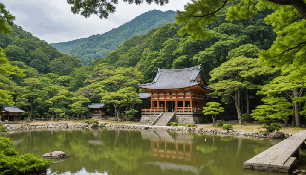 大和の大美和神社の風景。恋愛成就を願うカップルが参拝し、縁結びのお守りを求める様子が描かれています。