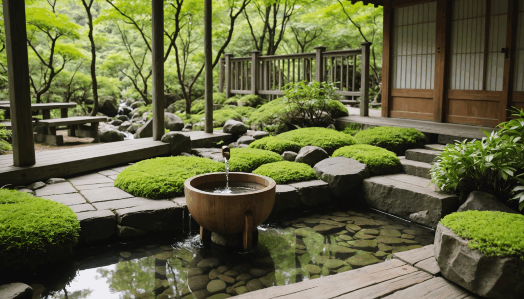 自然に囲まれた神社の手水舎の写真。清らかな水が流れる石の水盤と伝統的な木製の柄杓があり、参拝の作法を清める静けさを感じさせる。
