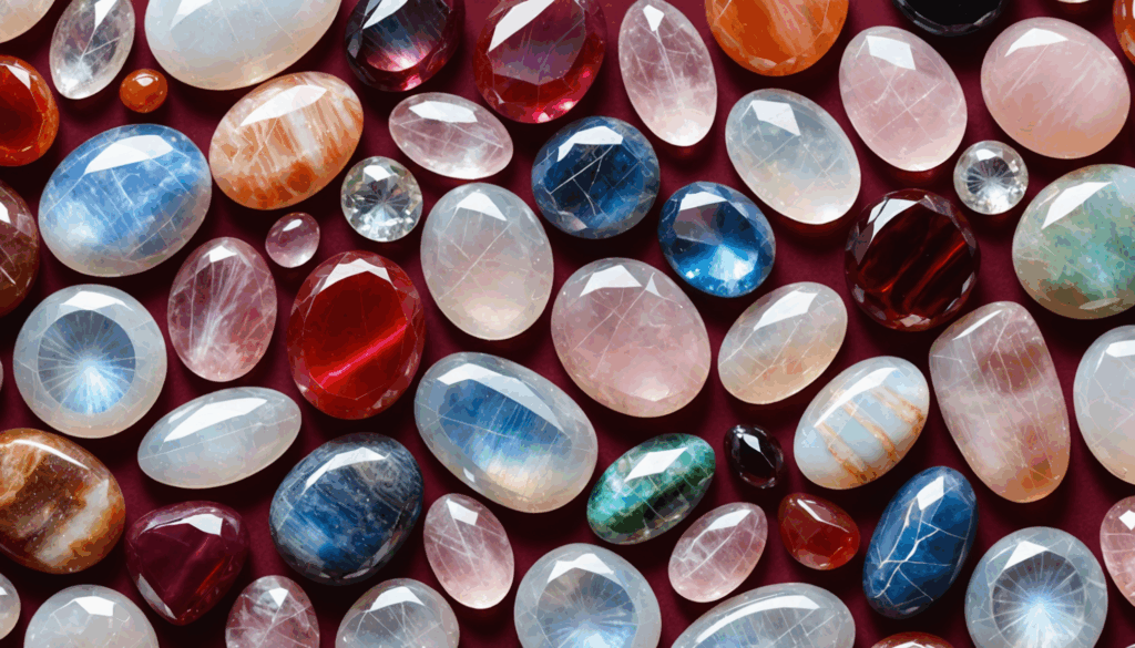 様々なパワーストーン(ムーンストーン、ローズクォーツ、ガーネット、赤メノウ、マザーオブパール)がアートのように配置された写真。妊娠や安産を願う女性のお守りとしてのエネルギーを感じさせる