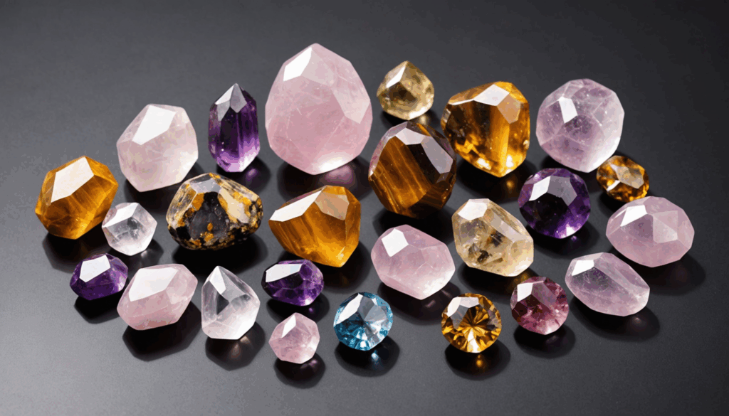 美しいパワーストーンのアレンジメント。ローズクォーツやアメジストなど、色や質感を強調した組み合わせで、エネルギーを感じる様子。