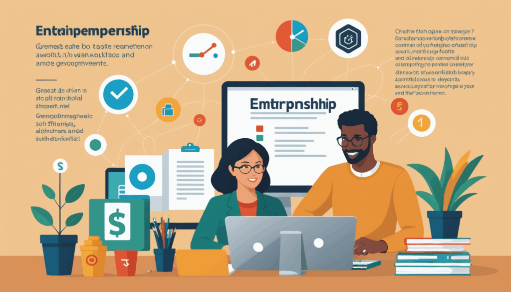 成功する起業家のための3つのポイントを示したイラスト。明確な目標設定、財務準備、セミナーや学校を活用したスキル開発の様子を描いています。