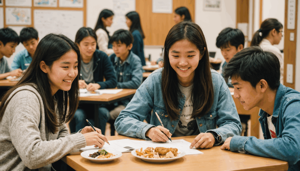 短期留学中の留学生が、ホームステイや地元の祭り、言語交換イベントを通じて、文化に触れている様子を表現した写真