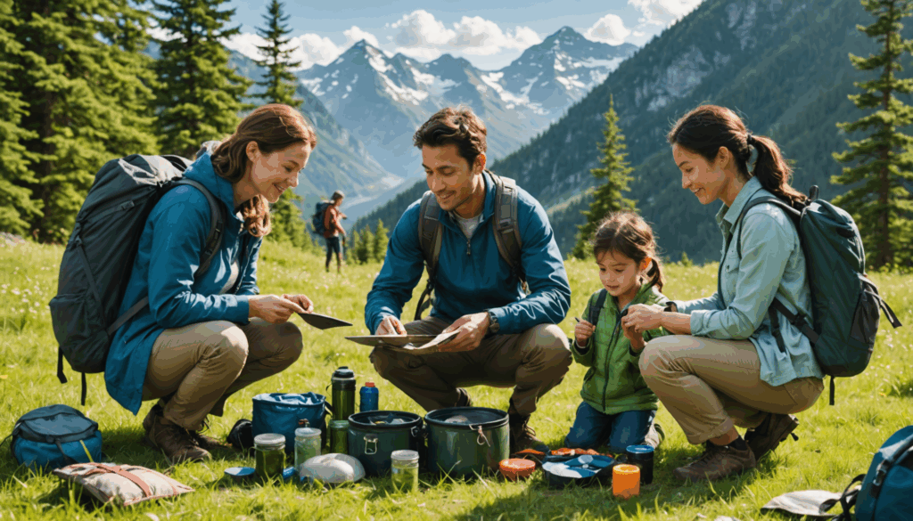家族が自然体験のために準備をしている様子。適切な服装やリュック、自然用具を持ち、風景の美しいアウトドアで楽しむ姿が描かれています。