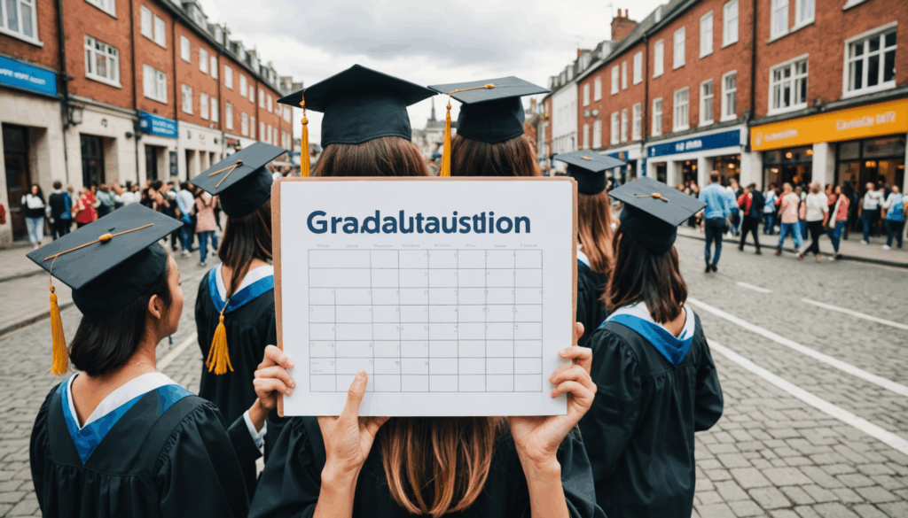 卒業旅行の予算に優しい計画を示す画像。カレンダーやバス、車、ホステルなどの宿泊施設が描かれている様子。