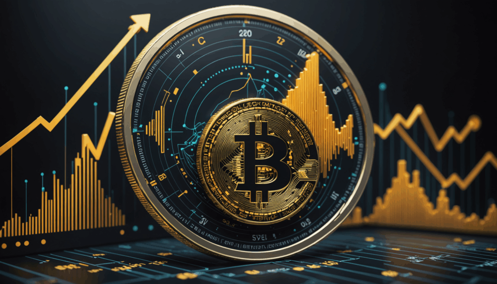 仮想通貨の価格変動を表現した抽象的な画像で、ビットコインや他のデジタルコインのチャートが描かれ、リスク管理の要素が強調されています。