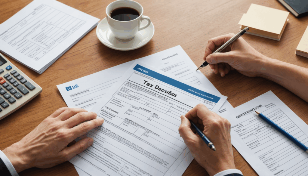 ふるさと納税の手続きの様子を描いた写真。寄附に関する申請書や受領証明書、地域貢献を象徴するアイテムが並ぶ。