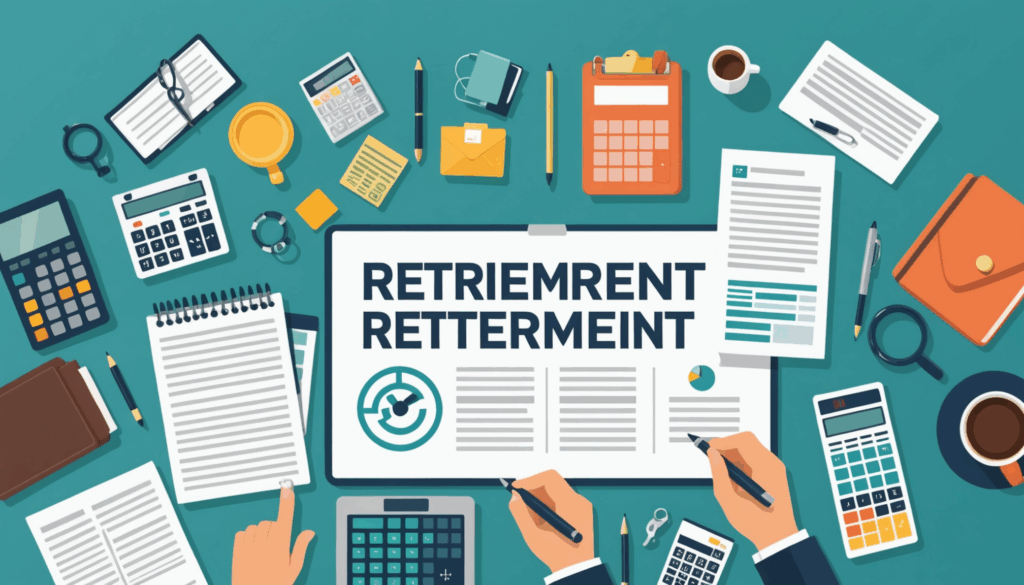 老後資金の計画を示す画像で、60代の夫婦が生活費の管理を行い、固定費や貯蓄、医療費を考慮している様子