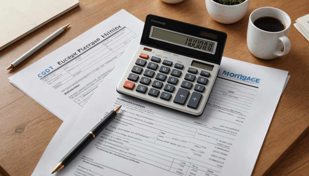 モダンな住宅のインテリア写真。テーブルの上に住宅ローンの書類と計算機が置かれ、節税や控除を意識した資金計画を象徴している様子