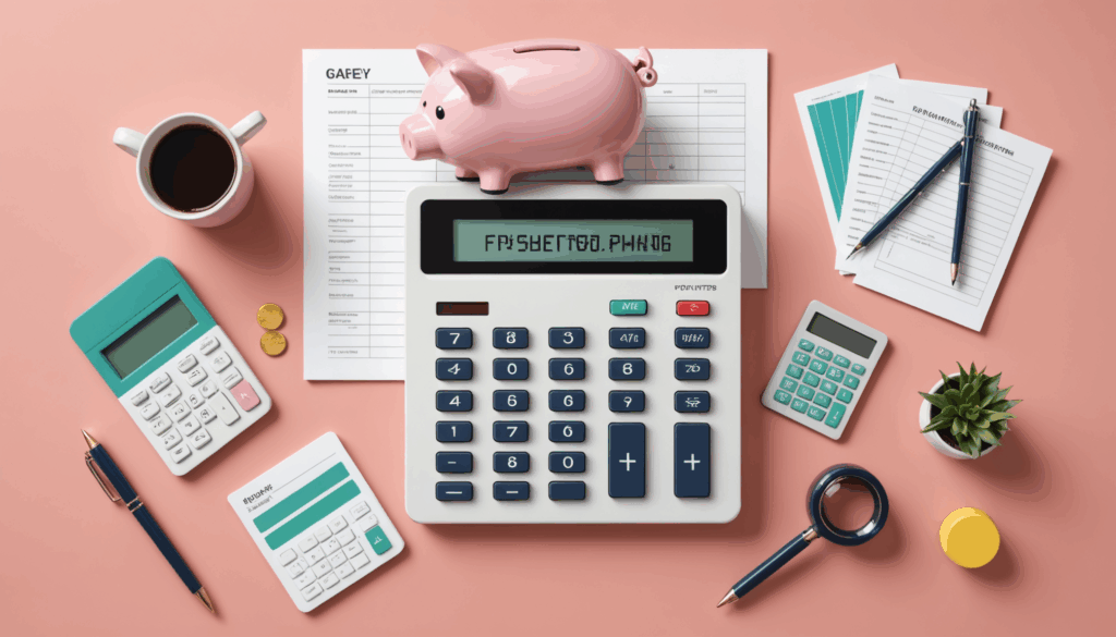 40代向けの資産運用をテーマにした画像。計算機やグラフ、貯金箱が並び、冷静でプロフェッショナルな色合いで描かれている