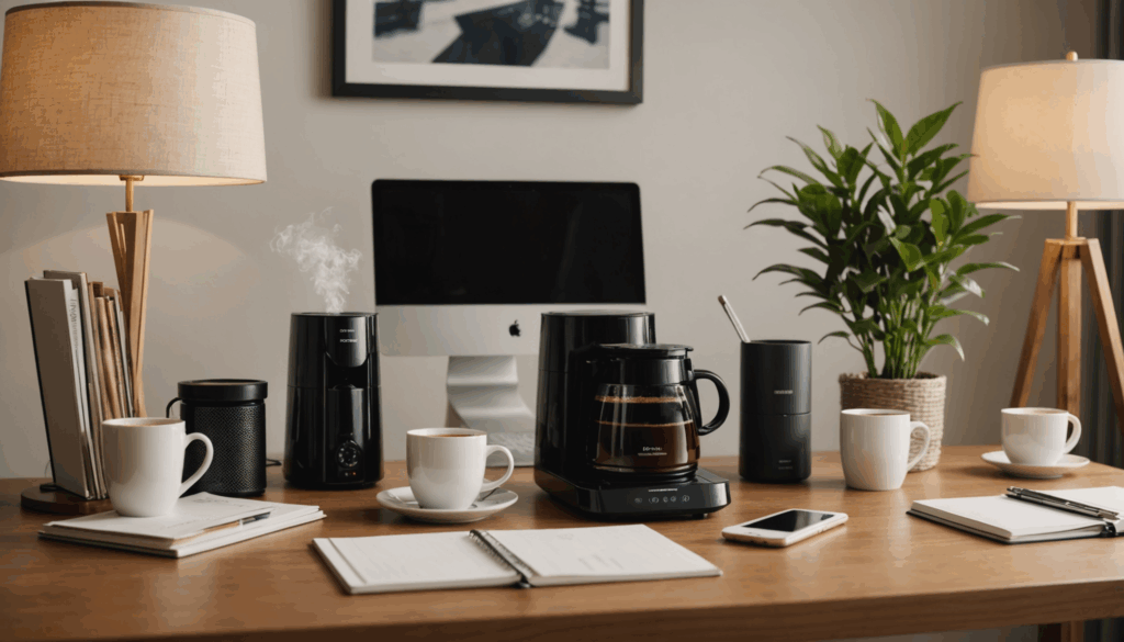 自宅の快適なテレワーク環境で、コーヒーを温める便利グッズとエレガントなアロマディフューザーが置かれたデスクの様子