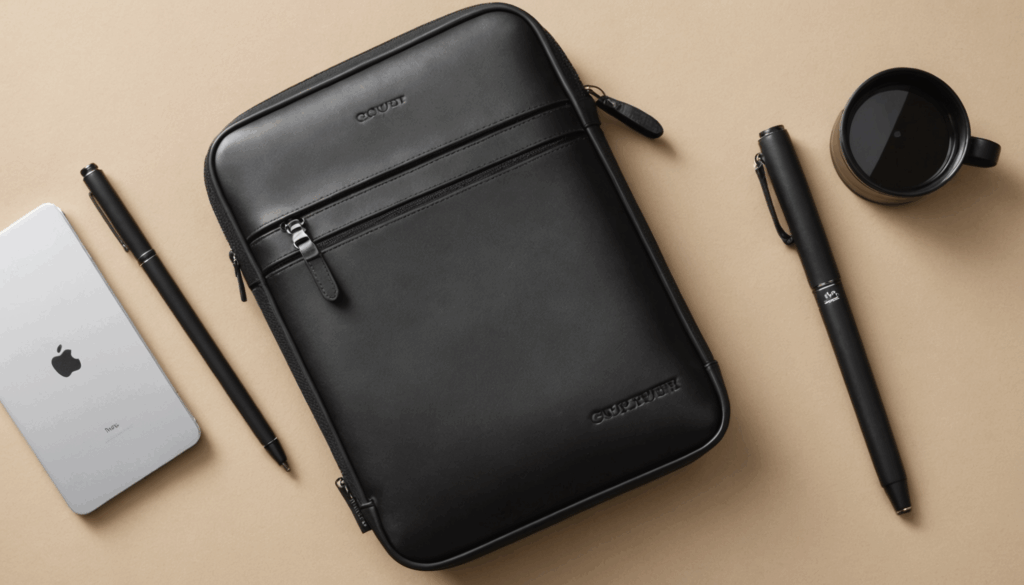 スタイリッシュな男性向けガジェットポーチの写真。コンパクトで機能的なデザインが特徴で、スマホや充電器を収納できる様子を表現