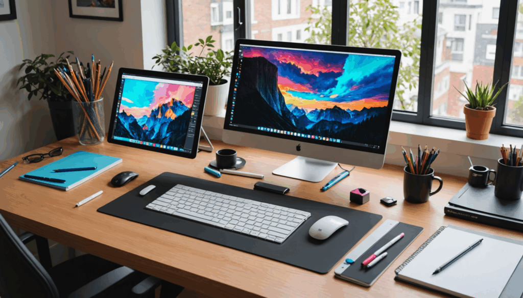 デジタルイラストを制作中のペンタブレットとスタイラスが置かれた、整頓された作業スペースの写真。初心者にもおすすめの使いやすい環境です