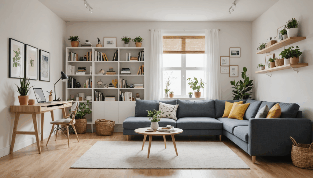 整然としたリビングスペースの写真。片付けと整理整頓が施されたモノが整然と配置され、明るく inviting な雰囲気を醸し出している。