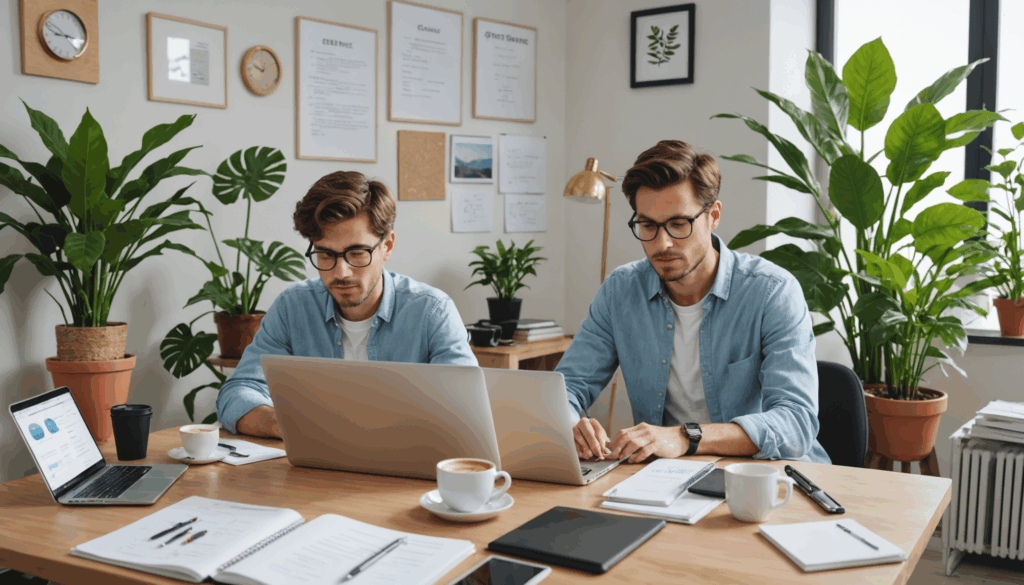 自宅でノートパソコンに向かっている女性の写真。オンラインビジネスに必要なノートやコーヒーカップ、植物に囲まれた快適な作業環境を表現しています。