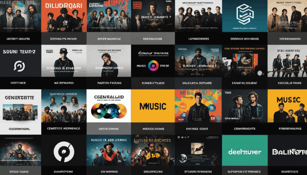 音楽サブスクの音質とジャンルの違いを表現した画像。高音質の音楽や多様な楽曲を楽しむユーザーの様子が描かれています