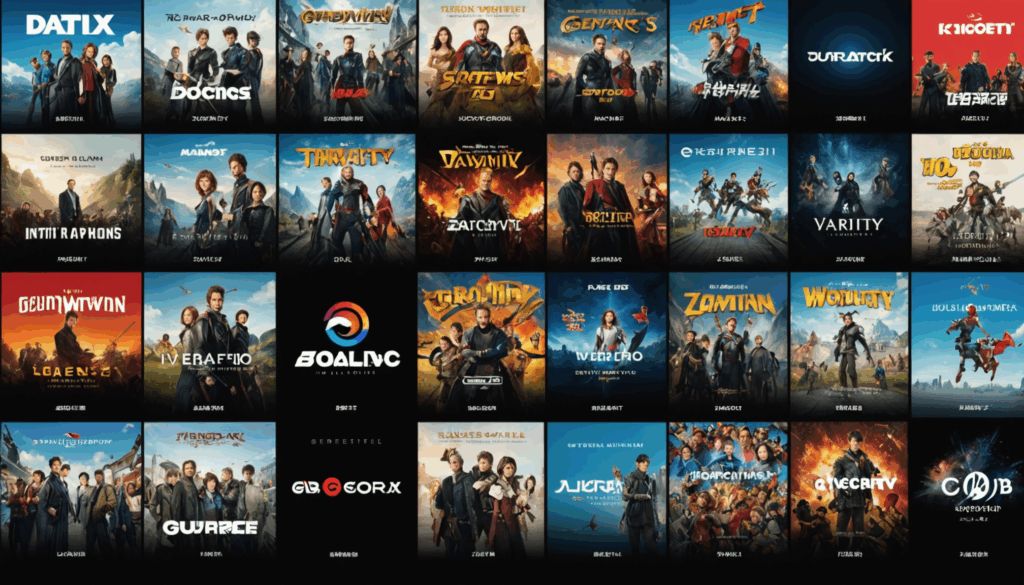 映画、アニメ、バラエティ番組、家族向けコンテンツを提供する様々な動画配信サービスの特徴を視覚的に表現した画像。