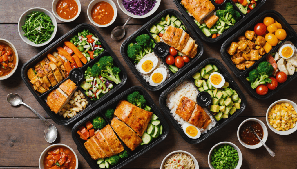 色とりどりの新鮮な食材を使った宅配弁当の写真。栄養バランスの取れた料理が美しく盛り付けられ、食事のおすすめメニューが楽しめる様子。