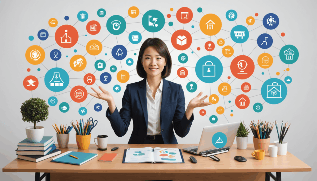 仕事と育児を両立する女性の写真。キャリアアップや柔軟な働き方を象徴する家庭と職場の環境が調和した様子を表現。