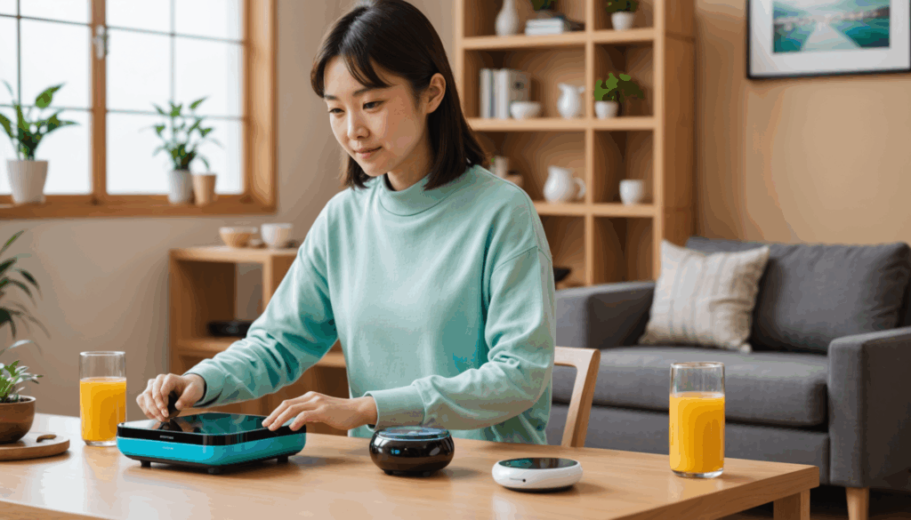 近未来的なガジェットが生活を豊かにする様子を描いた写真で、スマートデバイスやAI技術を使用している日本人が現代的な家で操作しているシーンが特徴です