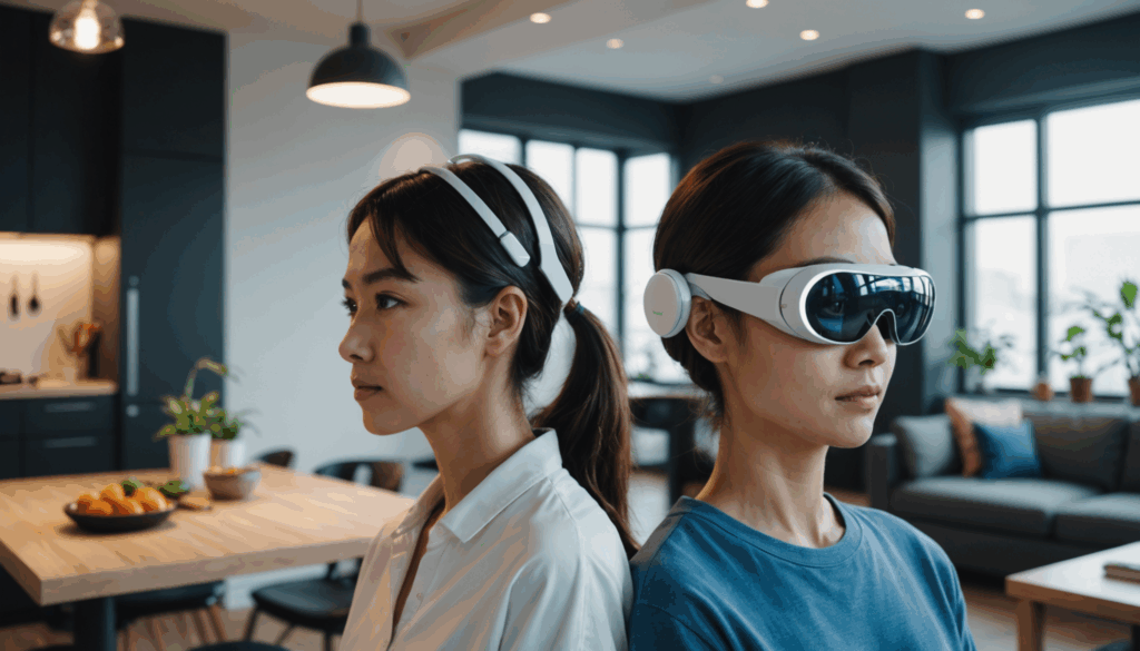 近未来のスマートガジェットが日常生活を豊かにする様子で、AI技術やスマートホームデバイス、ウェアラブル健康モニターが鮮やかな現代的な環境で展示されています