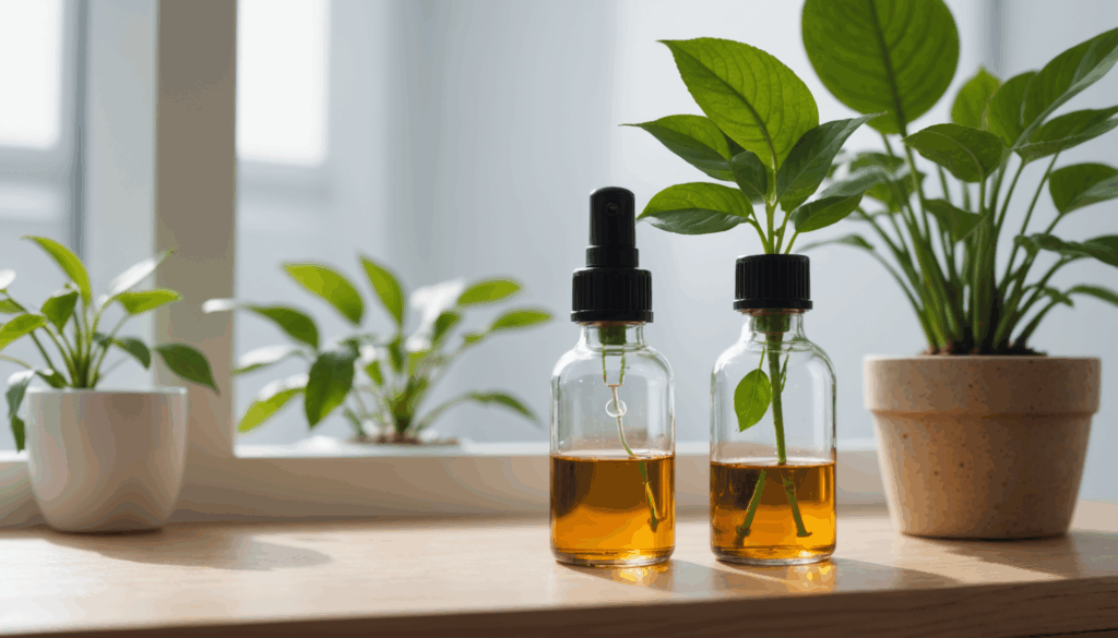 自然な材料を使ったアロマDIYレシピの写真。精油を用いた落ち着いた雰囲気の中で、クリアな容器に入ったエッセンシャルオイルが並んでいる様子。