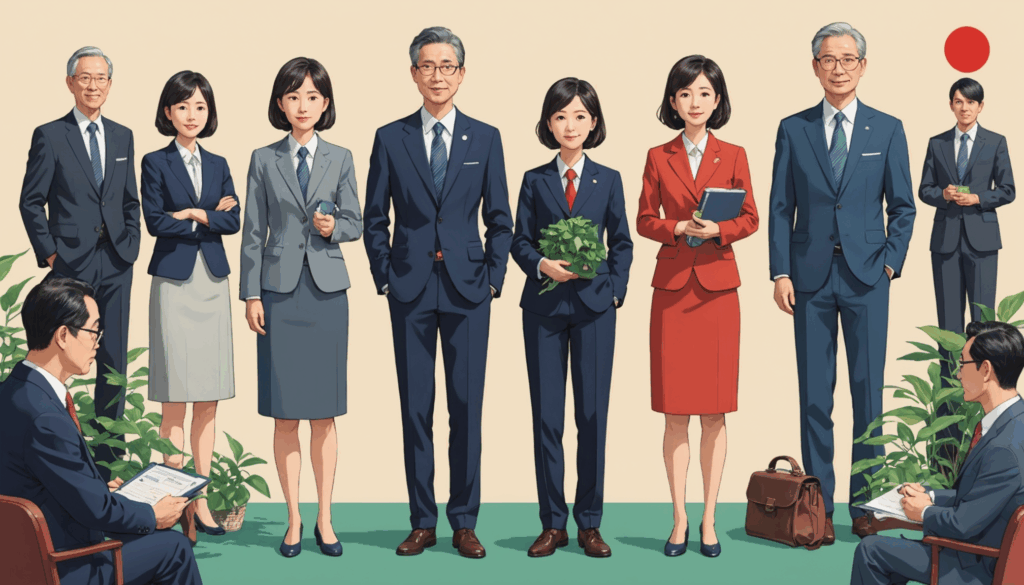 自信に満ちた日本人プロフェッショナルがデスクで給料交渉をしているオフィスの写真。背景にはパフォーマンス指標を示すグラフやチャートがあり、年収アップの可能性を示唆しています。