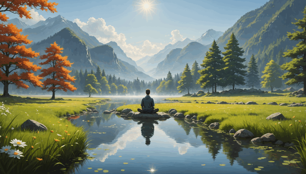 静かな風景の中で、マインドフルネスを実践している人の写真。ポジティブなエネルギーや思考を通じて、引き寄せの法則を体験している様子。