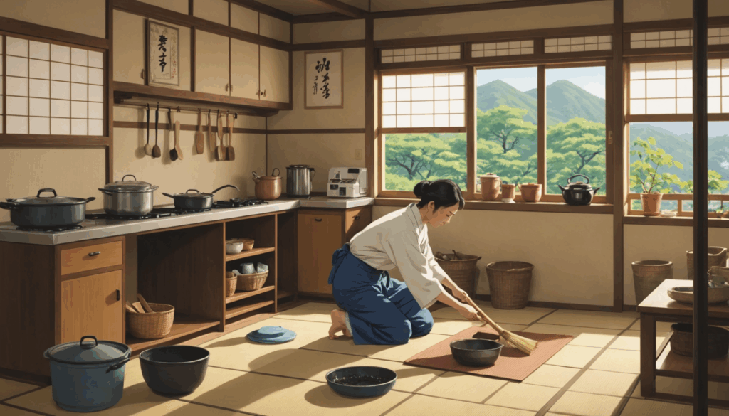和やかな家庭環境で家事をする日本人の様子。料理や掃除を通じて、スピリチュアルな満足感と自然とのつながりを感じる。