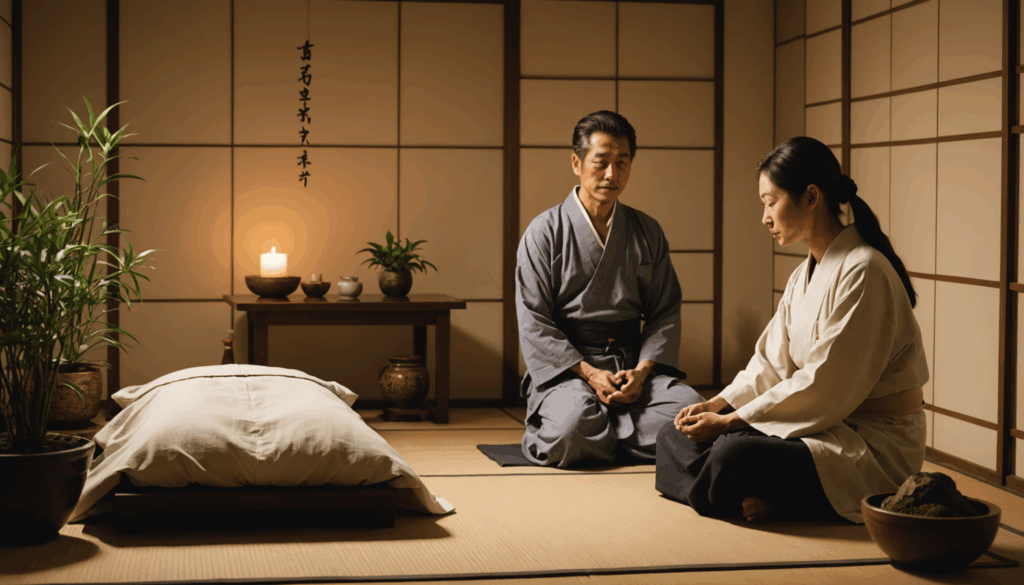 穏やかなスピリチュアルヒーリングの環境で、日本のヒーラーがクライアントを優しく導いている様子。リラックスした雰囲気の中、癒しのエネルギーを感じられる空間です。