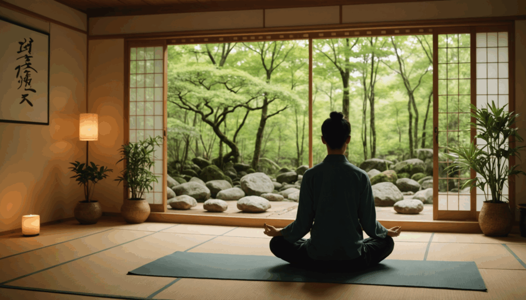 柔らかな照明と快適な座席が整った室内の瞑想スペースで、自然に囲まれた中、日本人がマインドフルネス瞑想を実践している様子を描写しています