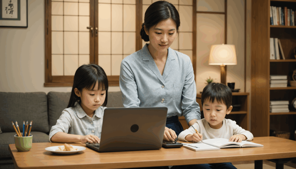 多様な日本のプロフェッショナルが成長型マインドセット教育に取り組むワークショップの様子。チームワークや革新、自己成長を象徴する要素が含まれた現代的なオフィス空間での活動。